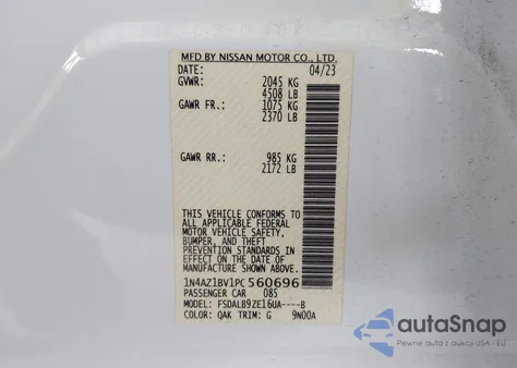 2023 Nissan Leaf S 40 Kwh z USA, uszkodzony, nr VIN 1N4AZ1BV1PC560696